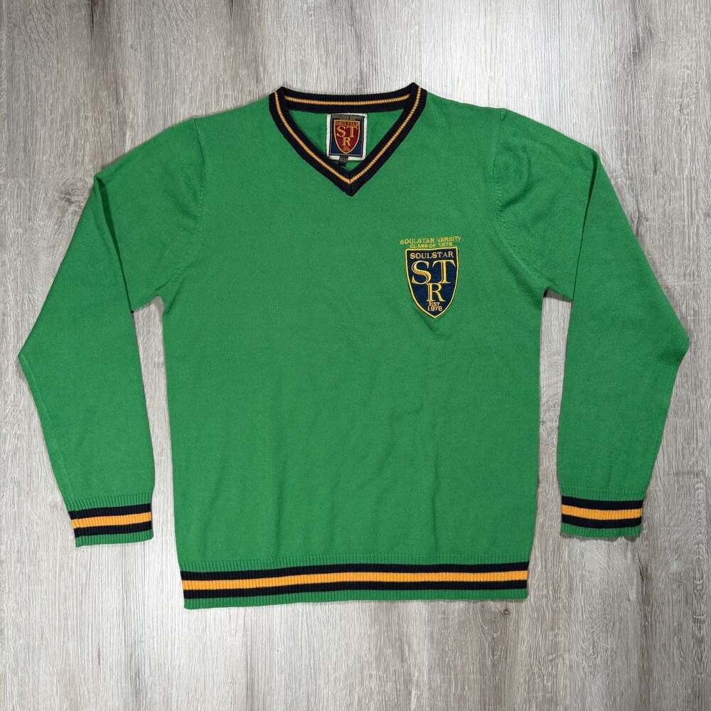 Mens Soulstar Varsity Class of 1976 V-Neck Sweater Y2K Skater